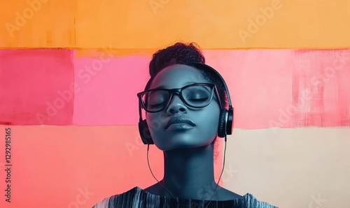 Collage, cut out, portrait of African American Woman, abstract, artistic, painted, background, grunge, experimental, modern art, copy space, music, headphones, glasses, meditative, meditation concept