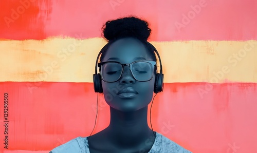Collage, cut out, portrait of African American Woman, abstract, artistic, painted, background, grunge, experimental, modern art, copy space, music, headphones, glasses, meditative, meditation concept
