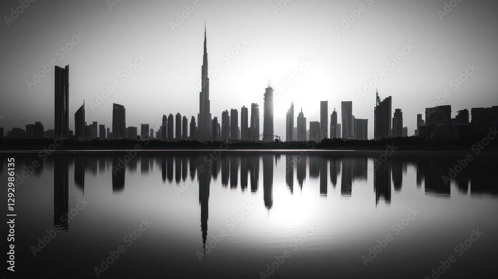 Naklejka premium Cityscape silhouette reflection, sunrise, urban, travel, design