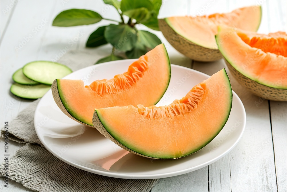 Ripe fresh cantaloupe slices on white plate Ripe fresh cantaloupe slices on white plate