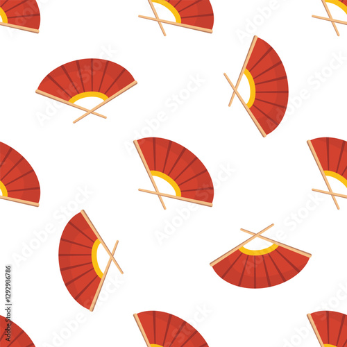 Seamless pattern with traditional Vietnamese red fans on white background