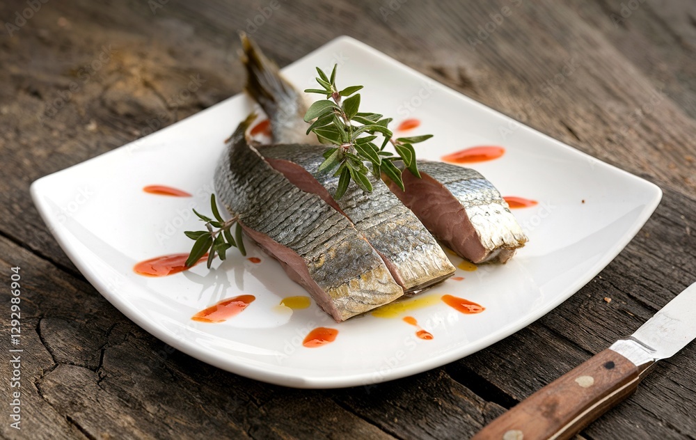 Sliced herring with oregano on the plate Sliced herring with oregano on the plate