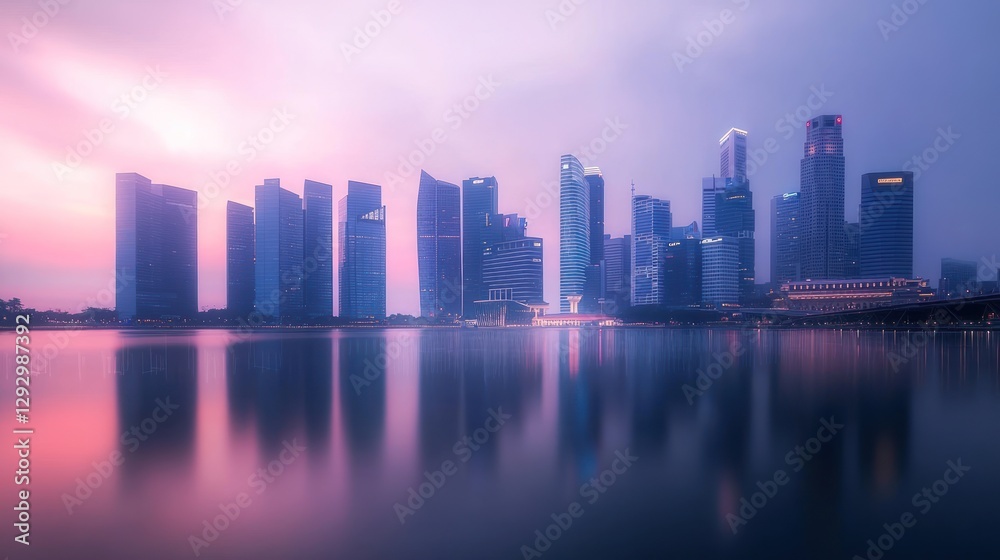 Fototapeta premium Cityscape sunrise reflection, harbor, buildings, dawn, urban, Asia, skyline, tranquil