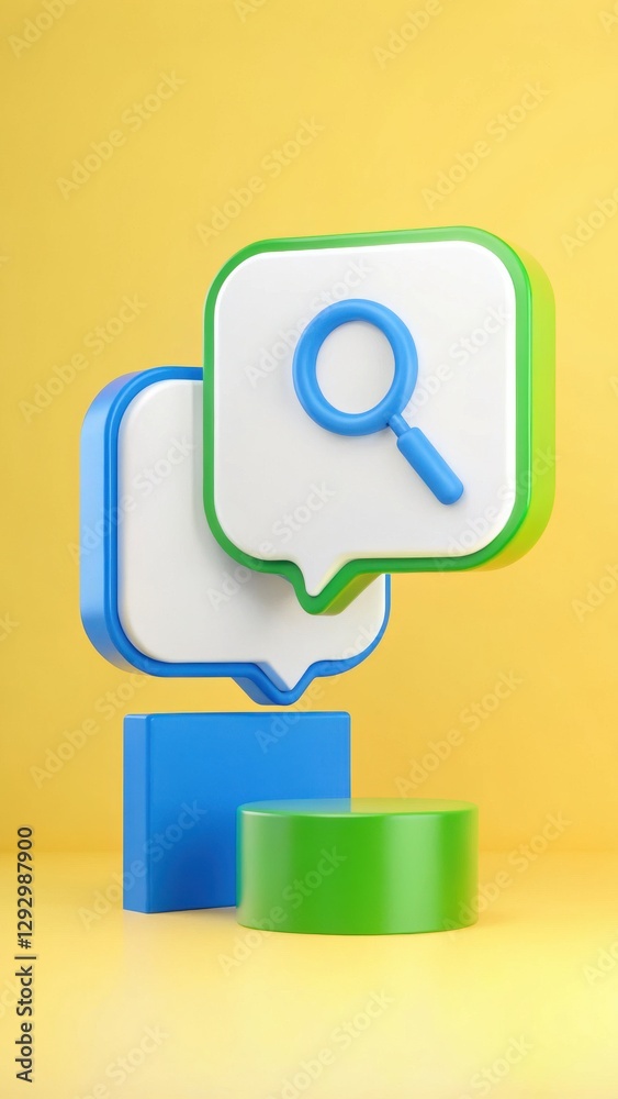 Colorful 3D Chat Bubbles with Magnifying Glass Icon on Bright Yellow Background