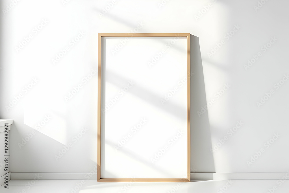 Empty Wooden Frame Against a Bright White Wall with Soft Shadows in a Minimalist Interior Space Empty Wooden Frame Against a Bright White Wall with Soft Shadows in a Minimalist Interior Space