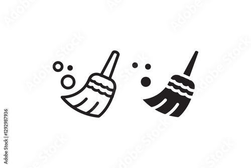 Broom sweeping icon in black and white Vector