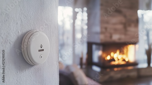 Carbon monoxide alarm on a wall above a gas fireplace. Featuring caution and monitoring