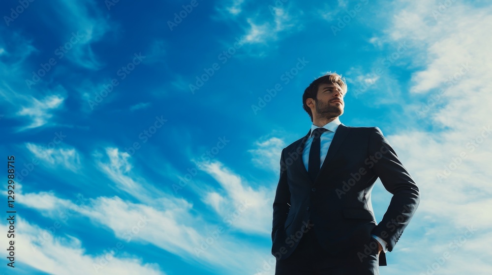 Confident Businessman in Crisp Suit Against Clear Blue Sky Confident Businessman in Crisp Suit Against Clear Blue Sky