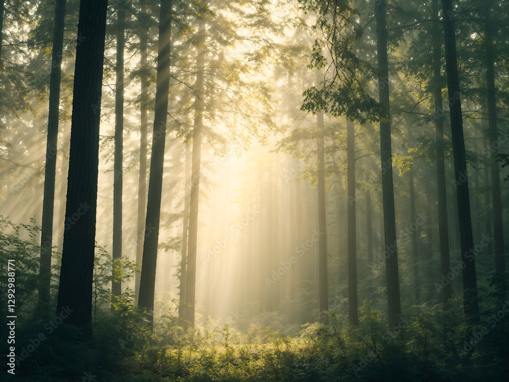Fototapeta premium sunlit forest scene, where rays of sunlight stream through dense, tall trees, illuminating the lush greenery below.