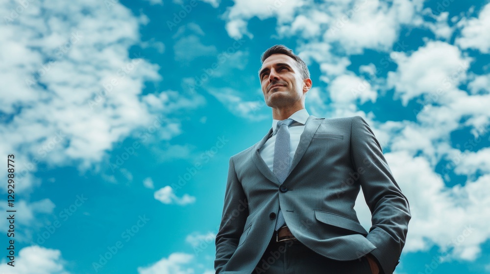 Confident Businessman in Crisp Suit Against Blue Sky Background Confident Businessman in Crisp Suit Against Blue Sky Background