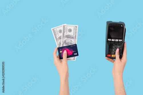Woman with credit card, dollar banknotes and payment terminal on blue background