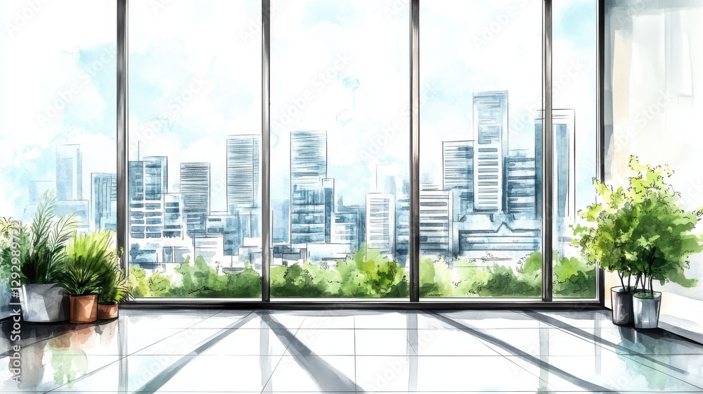 A modern office space featuring large windows with a stunning view of a city skyline and potted plants, blending nature with urban architecture. A modern office space featuring large windows with a stunning view of a city skyline and potted plants, blending nature with urban architecture.