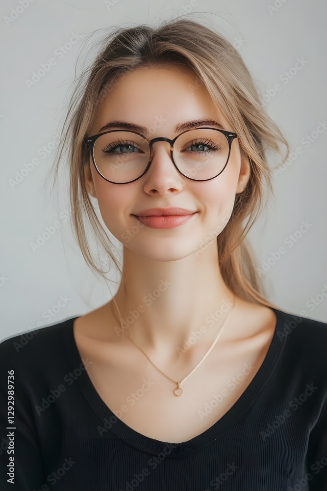 Focused Working Woman with Soft Smile on Neutral Background, Modern Business and Career Concept Focused Working Woman with Soft Smile on Neutral Background, Modern Business and Career Concept