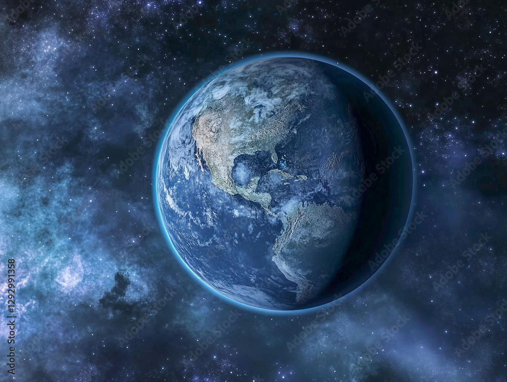 Obraz premium In the vastness of space, a radiant blue Earth is suspended, softly glowing amidst a backdrop of shimmering stars and deep blue celestial wonders. The scene evokes a sense of wonder and exploration