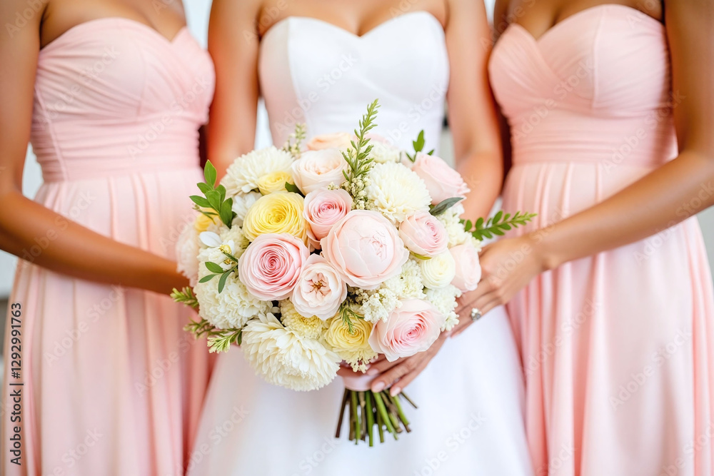 group of bridesmaids holding bouquets of pink and white flowers group of bridesmaids holding bouquets of pink and white flowers