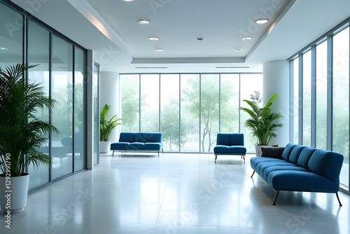 Modern Office Waiting Area with Blue Sofas and Green Plants in a Bright, Spacious Interior with Large Glass Windows