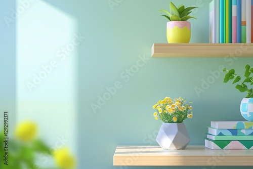 Bright Modern Home Office Backdrop, Stylish Shelf With Plants And Flowers Creating A Peaceful Atmosphere For Virtual Meetings
