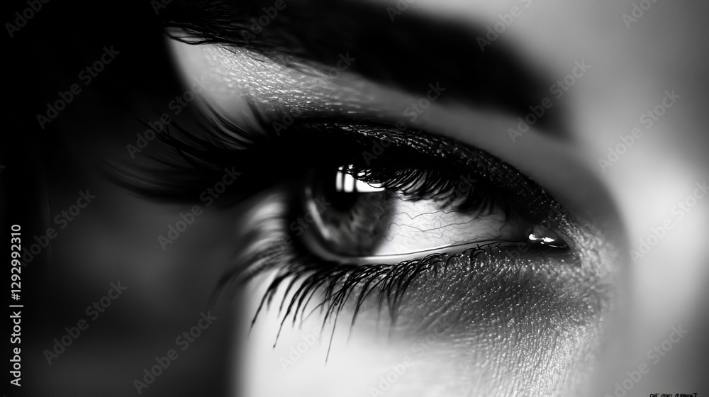 Fototapeta premium Close-up of a woman's eye with long lashes, soft light, blurred background, conveying quiet introspection.