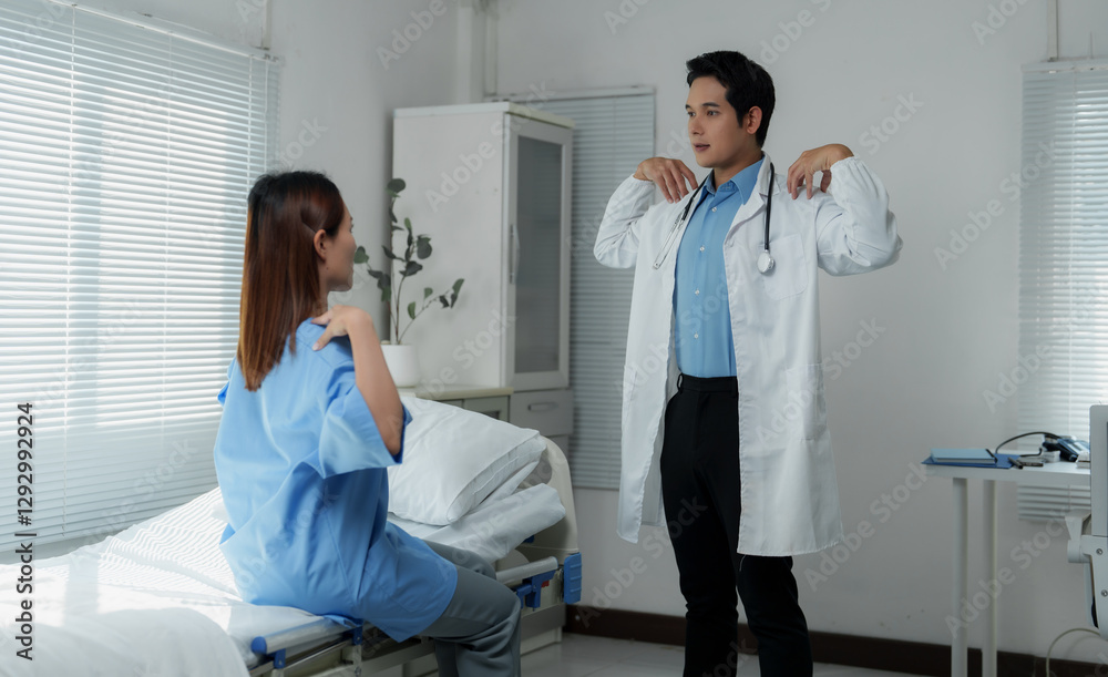 Fototapeta premium Doctor guiding patient through physical therapy exercises in hospital room