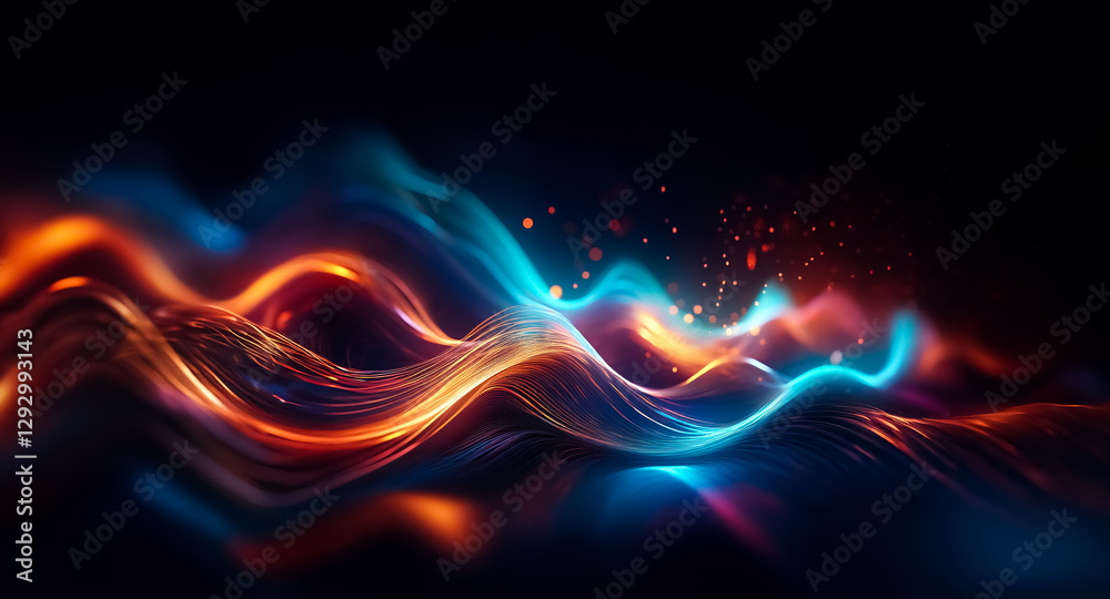 Fototapeta premium Abstract flowing waves of vibrant orange and blue hues illuminate against a dark backdrop. The dynamic and glowing lines create a sense of energy and motion in a modern style.
