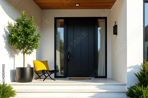 Modern Home Entrance with Black Door and Yellow Accent Chair Surrounded by Greenery and Natural Light