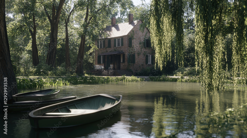 Fototapeta premium serene village scene by river features historic house surrounded by lush greenery and boats