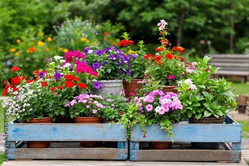 Vibrant potted flowers in a rustic wooden crate outdoors. photo