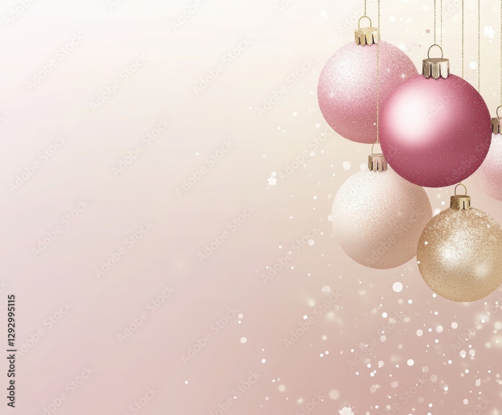 Fototapeta premium Festive Ornaments: Hanging from delicate strings, the soft-hued spherical ornaments are set against a blurred gradient background, adding a touch of sparkle with floating particles.