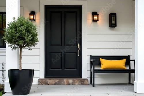 Modern Black Front Door with Yellow Cushion Bench and Lanterns in Stylish Exterior Home Entrance