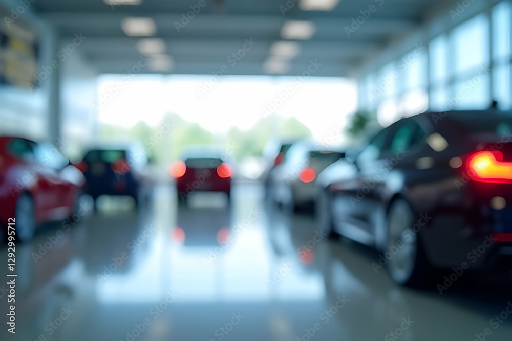 Fototapeta premium Blurred View of Modern Automobile Showroom with Various Vehicles Displayed and Bright Lighting in Background