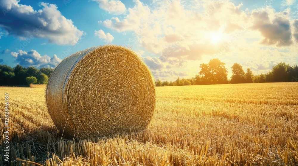 A large round straw bale sitting in the middle of a vast harvested field, golden textures glowing in sunlight. A large round straw bale sitting in the middle of a vast harvested field, golden textures glowing in sunlight.