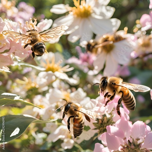 realistic garden with bees and flowers, pastel
