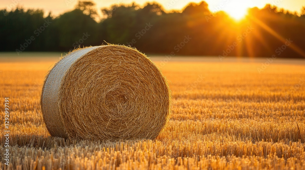 A single round hay bale in a vast field, texture details visible, sun casting warm golden hues. A single round hay bale in a vast field, texture details visible, sun casting warm golden hues.