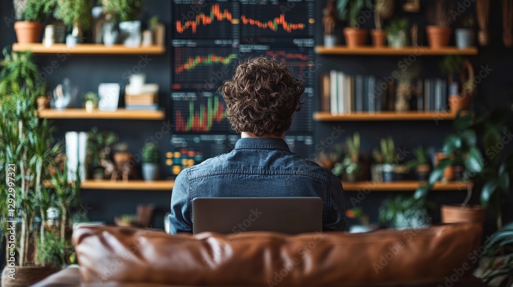 Man Working from Home, Analyzing Stock Market Data on Laptop Man Working from Home, Analyzing Stock Market Data on Laptop