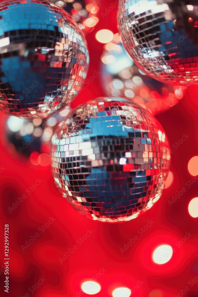 Fototapeta premium A vibrant scene filled with sparkling disco balls reflecting light against a red backdrop, perfect for party vibes.