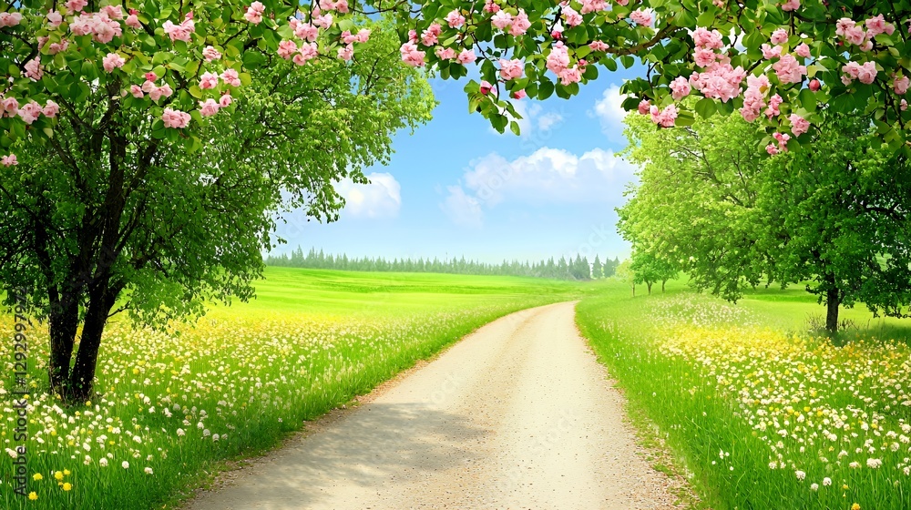 Naklejka premium Countryside Path with Blooming Trees and Flowers