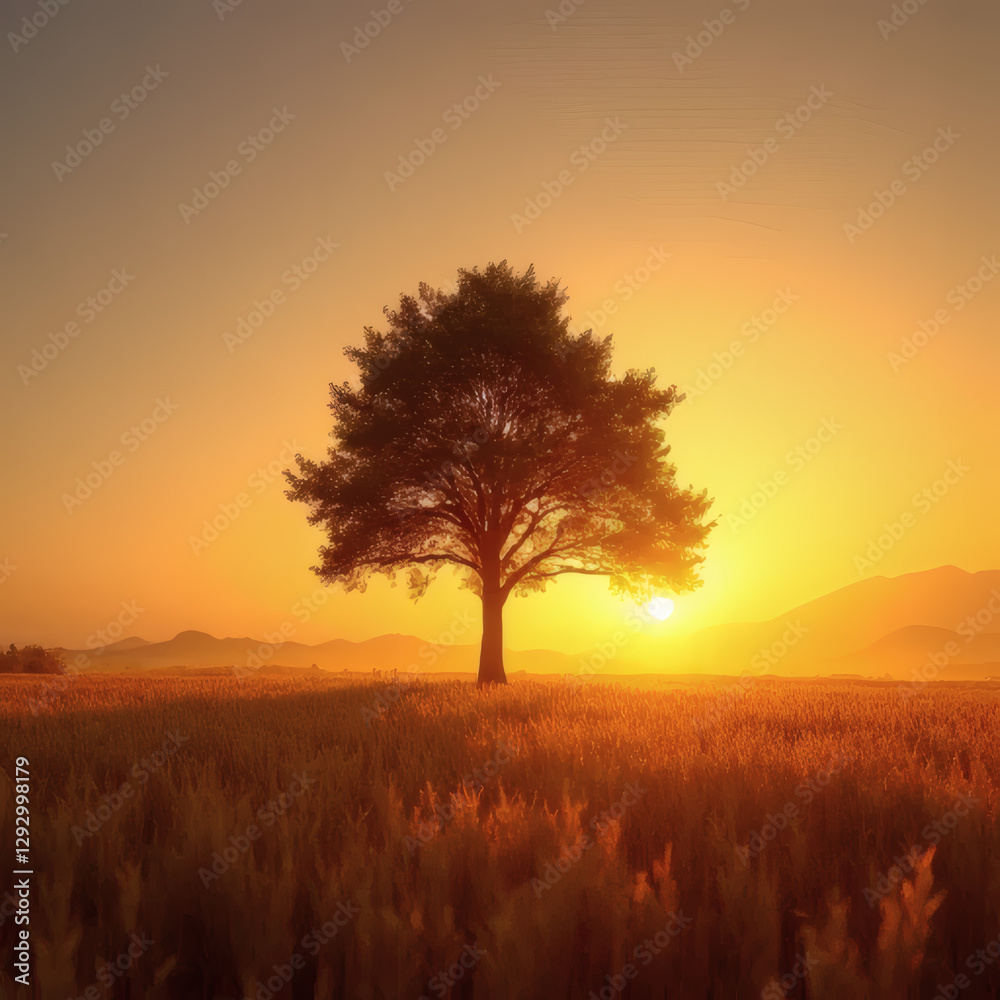 Fototapeta premium Lone Tree Amidst Golden Wheat Fields – Warm Sunset Glow