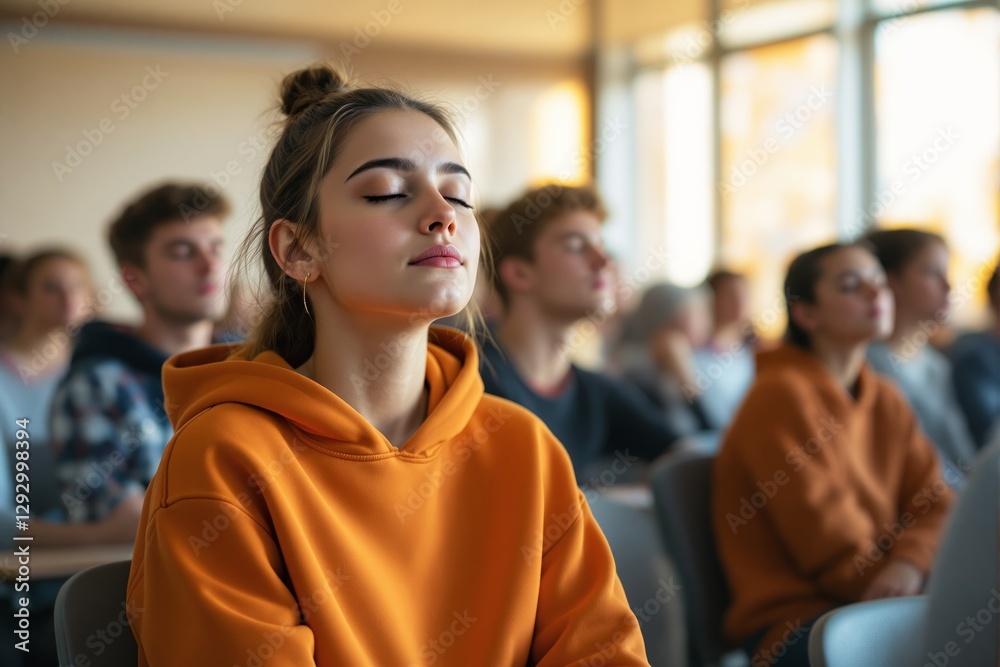Obraz premium Young woman meditating in classroom with serene expression, surrounded by students in soft daylight background. Concept of mindfulness.