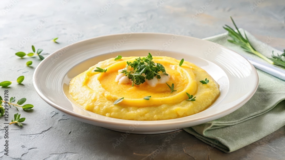 Creamy Polenta with melted cheese on a simple white plate Creamy Polenta with melted cheese on a simple white plate