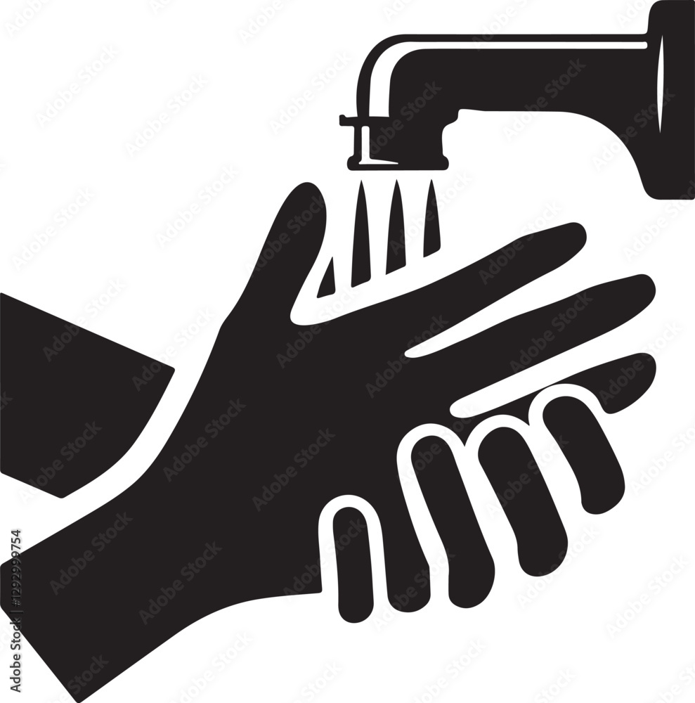 Obraz premium Silhouette vector icon of handwashing with water and soap, symbolizing hygiene, cleanliness, and health protection. Ideal for sanitation, healthcare, and safety designs.