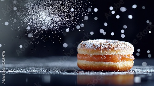   A powdered sugar-topped donut sits atop a black table against a dark backdrop