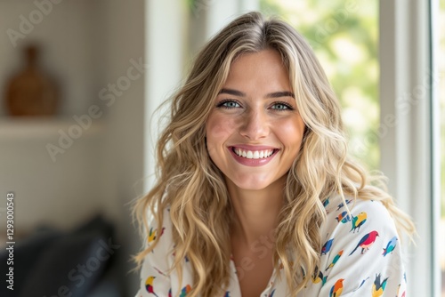 Smiling woman with wavy blonde hair in bright indoor setting. Free Download Smiling woman with wavy blonde hair in bright indoor setting. - GFXLoad