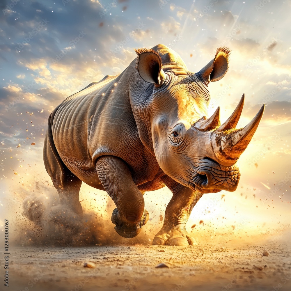 Fototapeta premium Majestic White Rhinoceros Charging Across the Savanna at Sunset