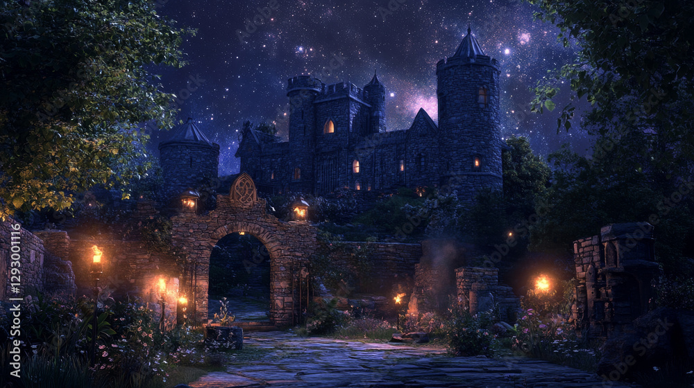 Fototapeta premium grand medieval castle stands under starry sky, surrounded by lush greenery and glowing lanterns, creating magical atmosphere