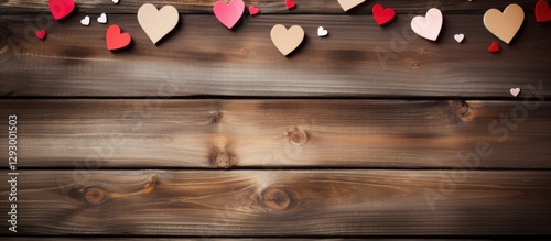 Wooden background featuring LOVE with red and pink paper hearts scattered along the top creating an inviting copy space for love-themed designs.