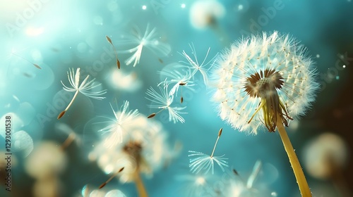 Close-Up View of Dandelion Seeds in Air with Beautiful Blurry Background and Soft Light