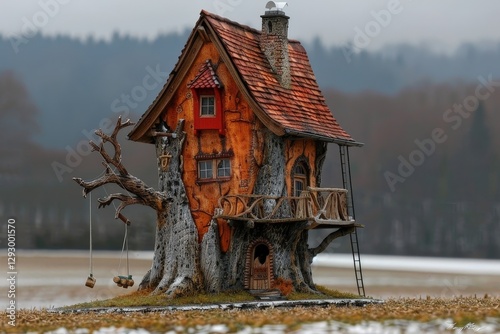 A whimsical treehouse with rustic charm, nestled on a large tree, featuring intricate details and a cozy appearance, set against a serene landscape.