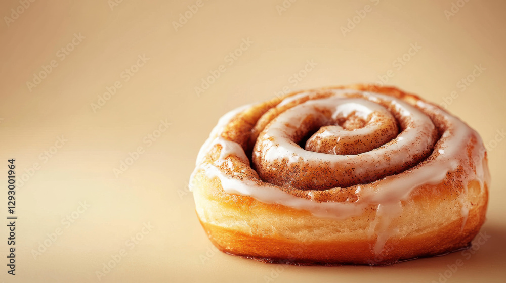 A freshly baked cinnamon roll with a rich swirl of cinnamon filling, lightly drizzled with glossy vanilla glaze, set against a minimalist beige background A freshly baked cinnamon roll with a rich swirl of cinnamon filling, lightly drizzled with glossy vanilla glaze, set against a minimalist beige background