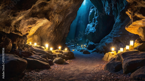Enchanting cave pathway with mysterious rocks and light. Copy space.