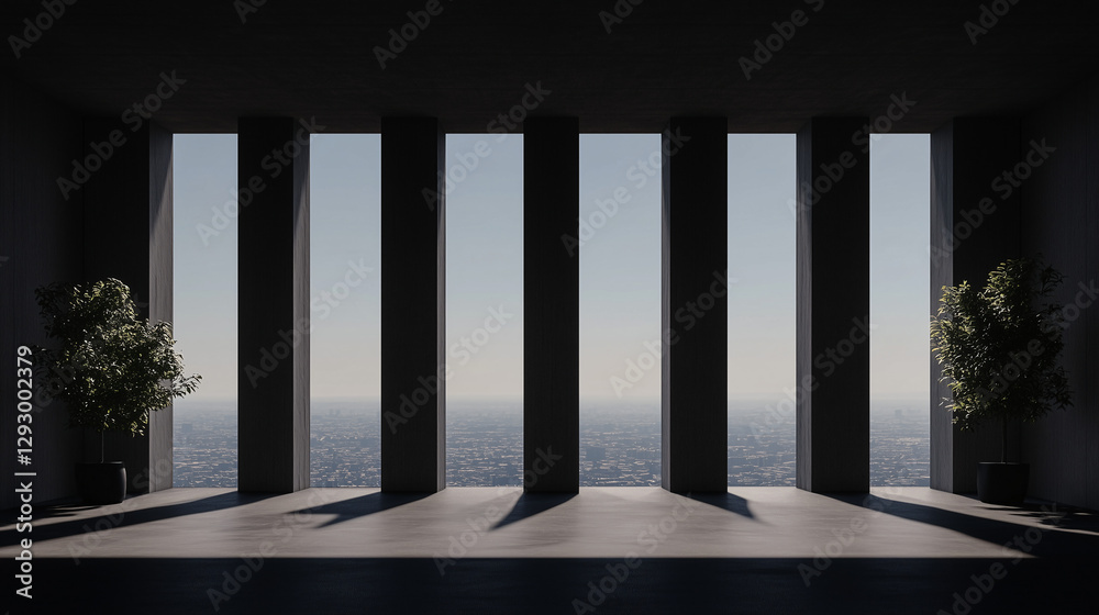 Fototapeta premium Ocean View from Interior Space: A stark, modern interior space offering a stunning panoramic view of the ocean framed by tall, vertical pillars. The room, subtly lit.